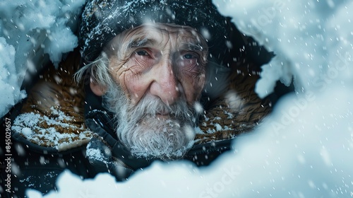 A very much aged old elderly man taking shelter from a snowstorm in a little snow igloo , his face wrinkles show that he is very old and he is covered in winter cap and clothing ,