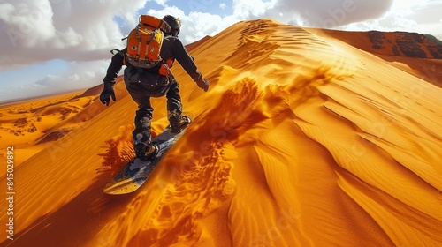 photograph of A sandboarder carving down a steep desert dune, capturing the unique thrill of sandboarding wide angle lens. photo