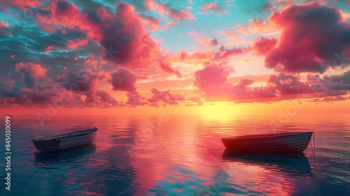 Sailboats floating under a vibrant sunset sky