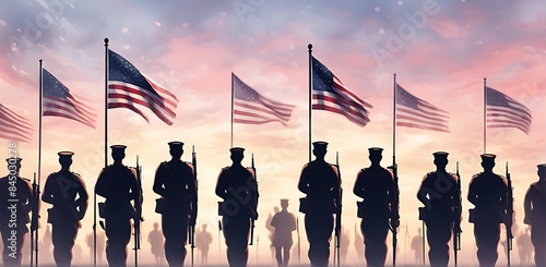 Luxury Memorial Day banner with copy space, USA Veterans Day background, soldier silhouette, and flower field.