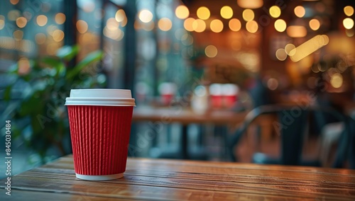 Red Coffee Cup on Wooden Table in a Cafe