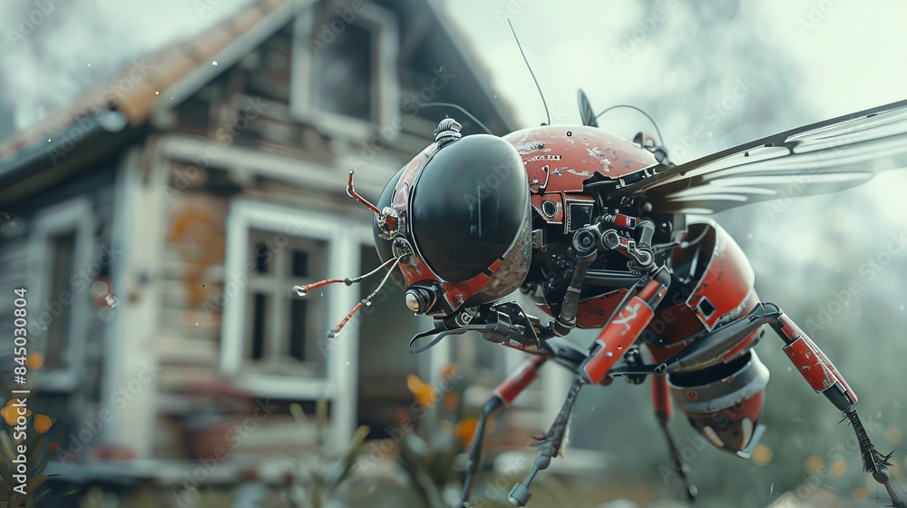 Fototapeta premium A new model insect spy concept robotic machine spy fly flying with mechanical wings and microphone and camera at face outside a criminal's house , controlled by the police to gather info