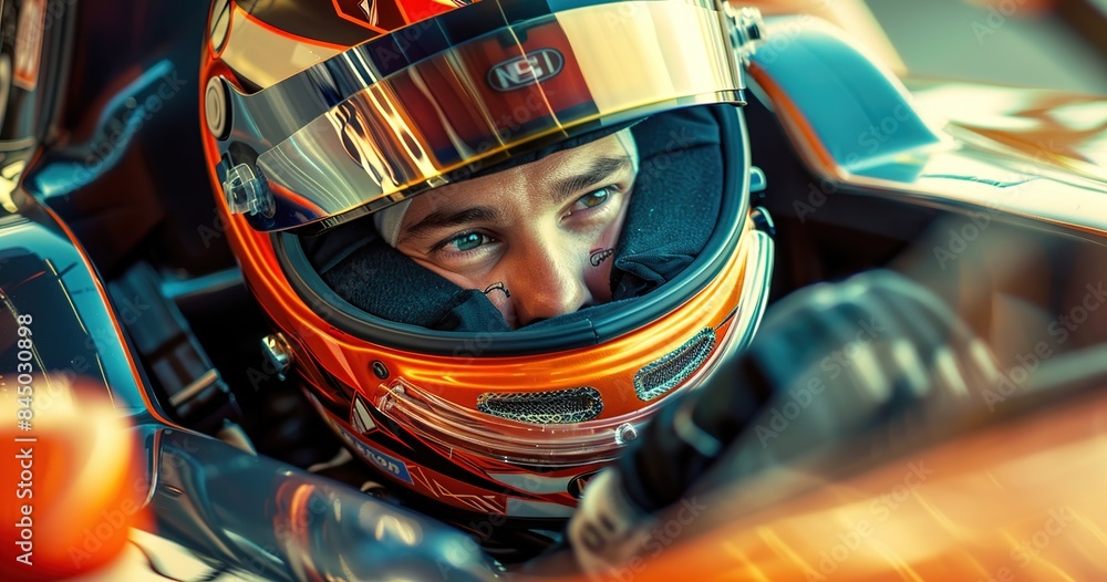 Close-up photo of an driver wearing his helmet and sitting in the cockpit. F2 race car background. Close-up photo of an driver wearing his helmet and sitting in the cockpit. F2 race car background.