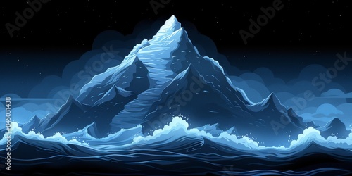 Stunning Digital Artwork of Majestic Snow-Capped Mountain Peak Surrounded by Dramatic Clouds in Minimalistic Style at Night