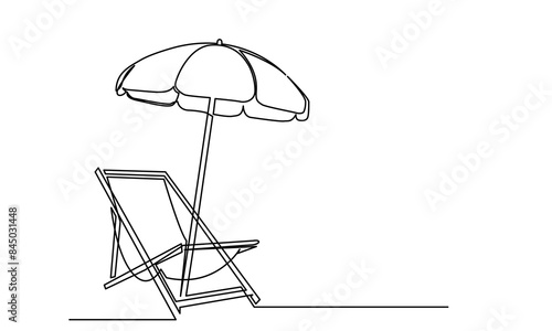 Continuous line drawing of Tropical beach umbrella striped beach chairs.Concept of holiday summer vacation and Relaxing on the beach.Isolated on a white background.
