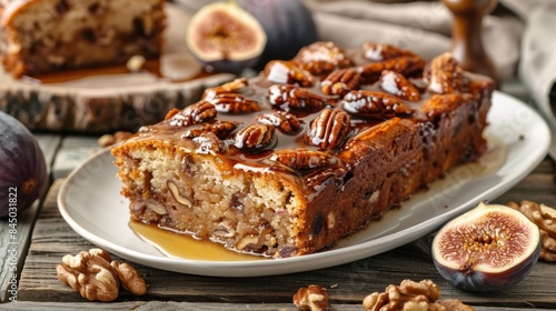 A slice of moist fig cake studded with crunchy walnuts  drizzled with a fragrant honey glaze.