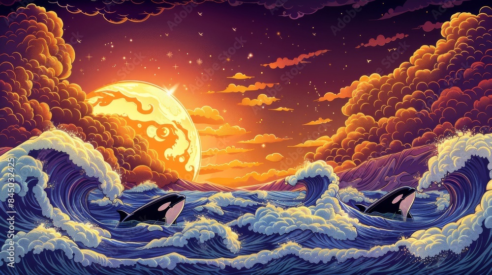 Surreal ocean sunset with vibrant colors, dramatic clouds, and playful whales in pixel art style creating an enchanting seascape