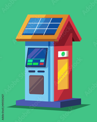 The upscale shopping centers solarpowered ATM stood out with its vibrant solar panels and touch screen technology.. Vector illustration