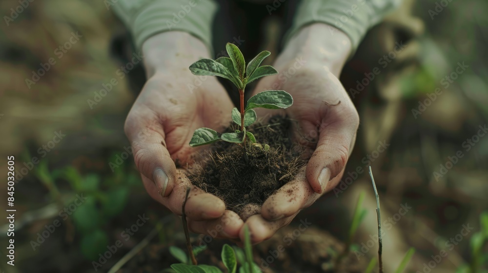 Fototapeta premium Hands holding a young plant generative ai