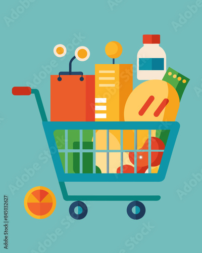 With only a handful of items the shopping cart is a symbol of an unbearable grocery bill for the average consumer.. Vector illustration