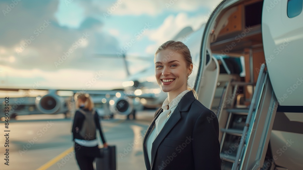 Professional Airline Crew Member Smiling at Airport with Airplane in Background, Ready for Boarding, Aviation Industry, Travel and Transportation, Flight Attendant, Air Travel, Airport Scene Professional Airline Crew Member Smiling at Airport with Airplane in Background, Ready for Boarding, Aviation Industry, Travel and Transportation, Flight Attendant, Air Travel, Airport Scene