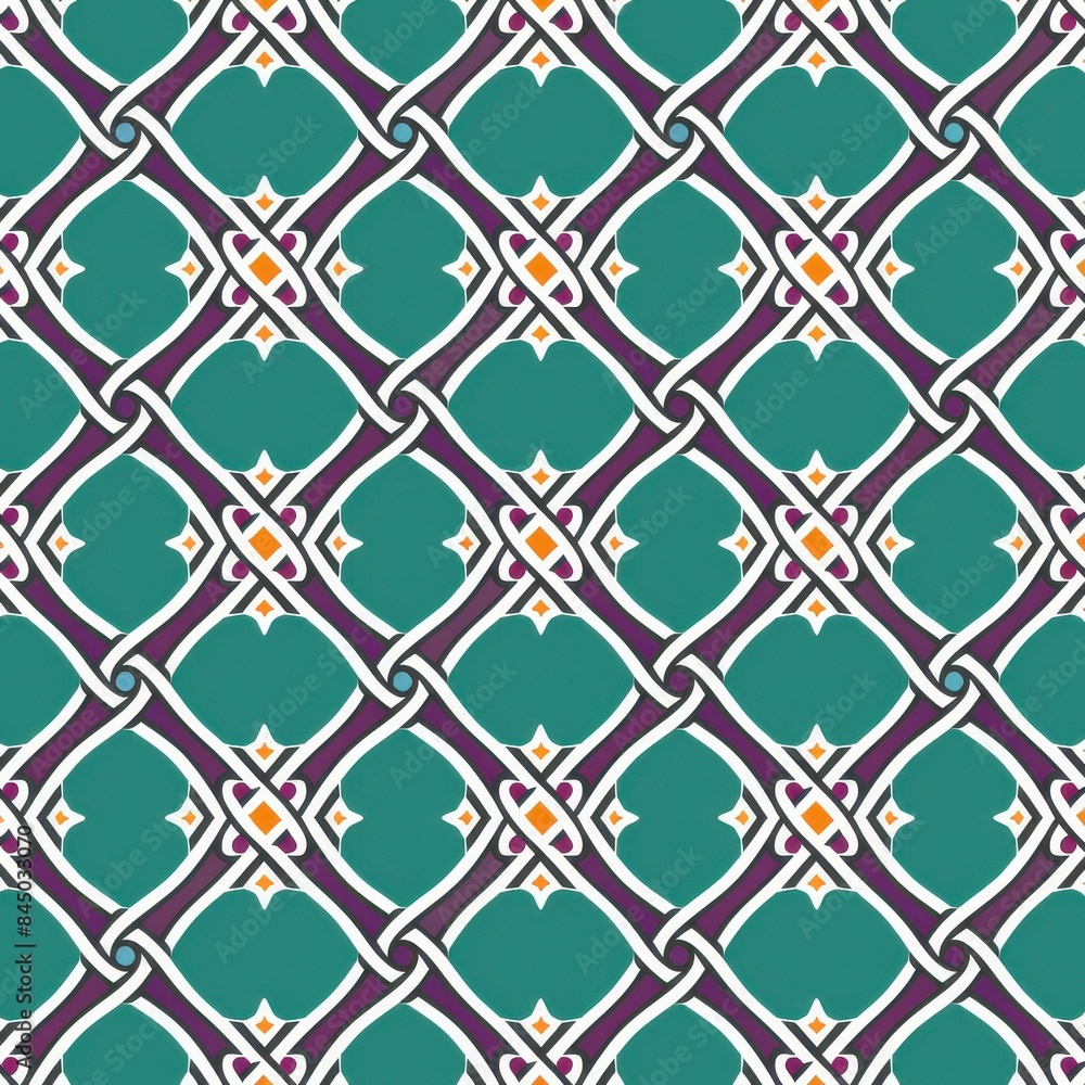 Fototapeta premium Colorful Geometric Tile Pattern - Seamless Vector Art with Intersecting Lines and Diamonds in Teal, Purple, and Orange Design