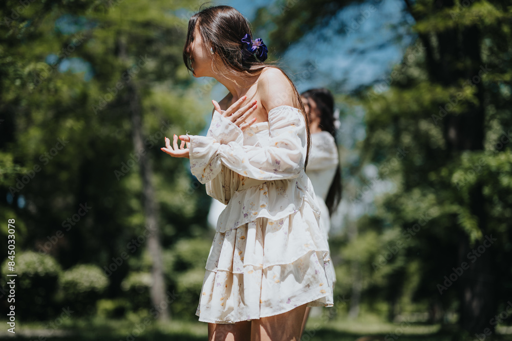 An elegant young woman in a flowery white dress enjoys a sunny day in a verdant park, exuding joy and grace. An elegant young woman in a flowery white dress enjoys a sunny day in a verdant park, exuding joy and grace.