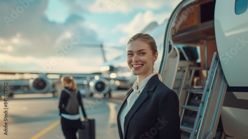 Professional Airline Crew Member Smiling at Airport with Airplane in Background, Ready for Boarding, Aviation Industry, Travel and Transportation, Flight Attendant, Air Travel, Airport Scene photo