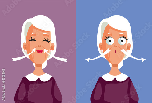 Old Woman Inhaling and Exhaling Vector Cartoon illustration. Senior lady doing a respiration exercise feeling relaxed 
