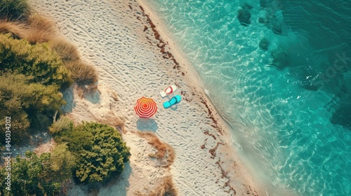 A natural landscape with palm trees, sandy beach, and volleyball under the blue sky viewed from above AIG50