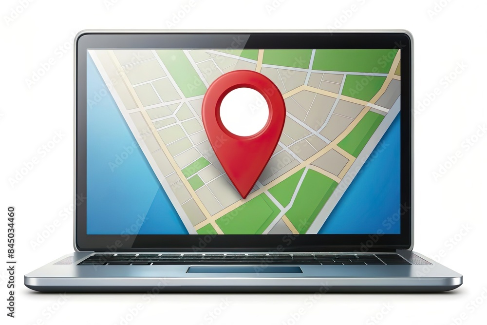map pin on laptop screen isolated. Online location navigation and direction map pin on laptop screen isolated. Online location navigation and direction