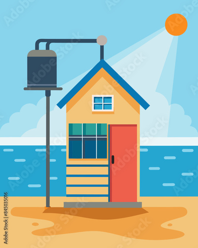 The maintenancefree solar water heating system on a beach house allows its owners to enjoy a warm outdoor shower after a swim in the ocean.. Vector illustration