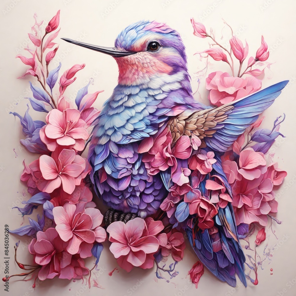 Obraz premium Hummingbird Adorned with Delicate Flowers