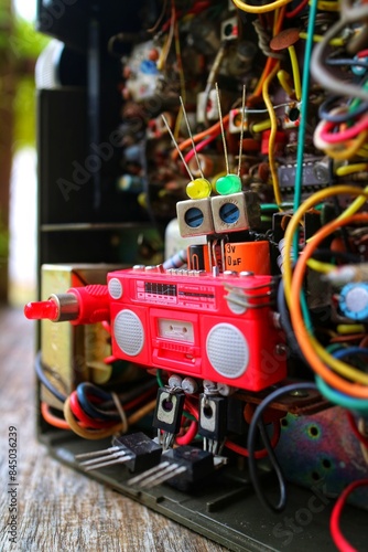 toy robot made of electronic components, boombox interior electrical components machine background