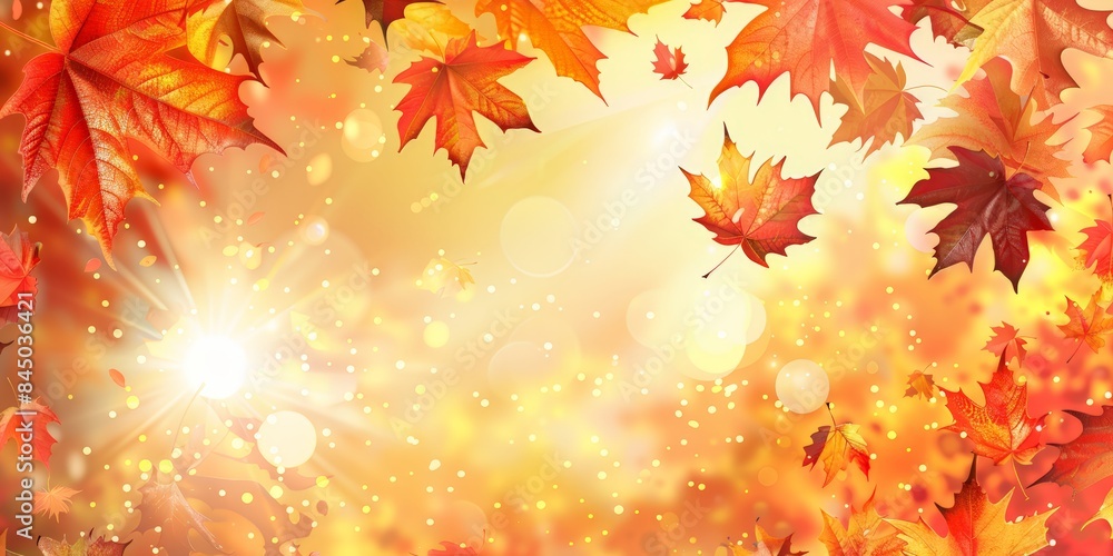 A close-up image of red and orange leaves falling against a bright, sunny sky with bokeh effects