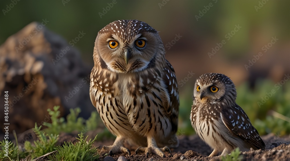 Adult birds and little owl chicks Athene noctua are photographed at close range.generative.ai