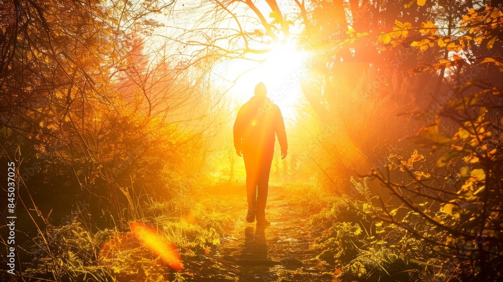 person walking towards the rising sun along a path generative ai