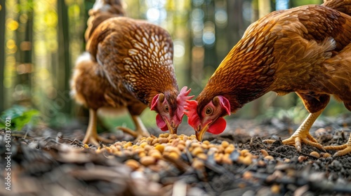 Free range poultry farming concept captured with close up of traditional rural barnyard hens feeding © AkuAku