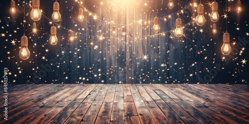 A rustic wooden floor with a dark blue wooden wall background, illuminated by a string of fairy lights and a sprinkling of sparkling lights photo
