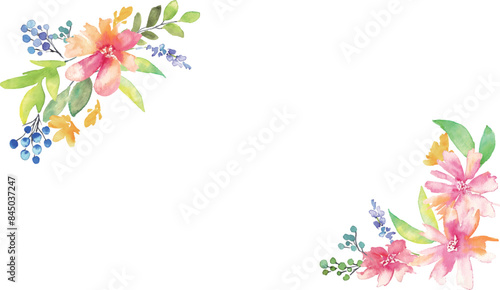 水彩のベクターフラワーフレーム。水彩タッチで描いた花と草木のウエディングフレーム。水彩の花束。Watercolor vector flower frame. Wedding frame of flowers and plants with watercolor touch. Watercolor bouquet.