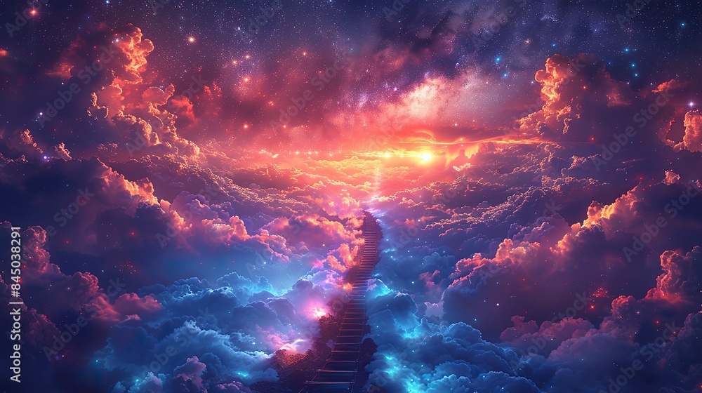 A celestial ladder ascends through a star-studded expanse, symbolizing the pursuit of dreams through creative endeavor. A celestial ladder ascends through a star-studded expanse, symbolizing the pursuit of dreams through creative endeavor.