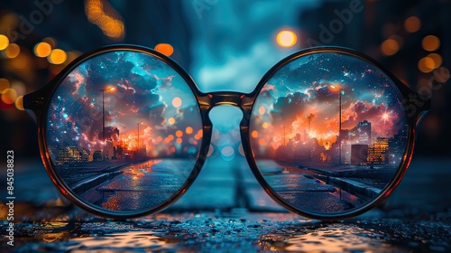 A pair of glasses, each lens revealing a distinct world, embodies the kaleidoscopic diversity of perspectives in artistic expression. photo