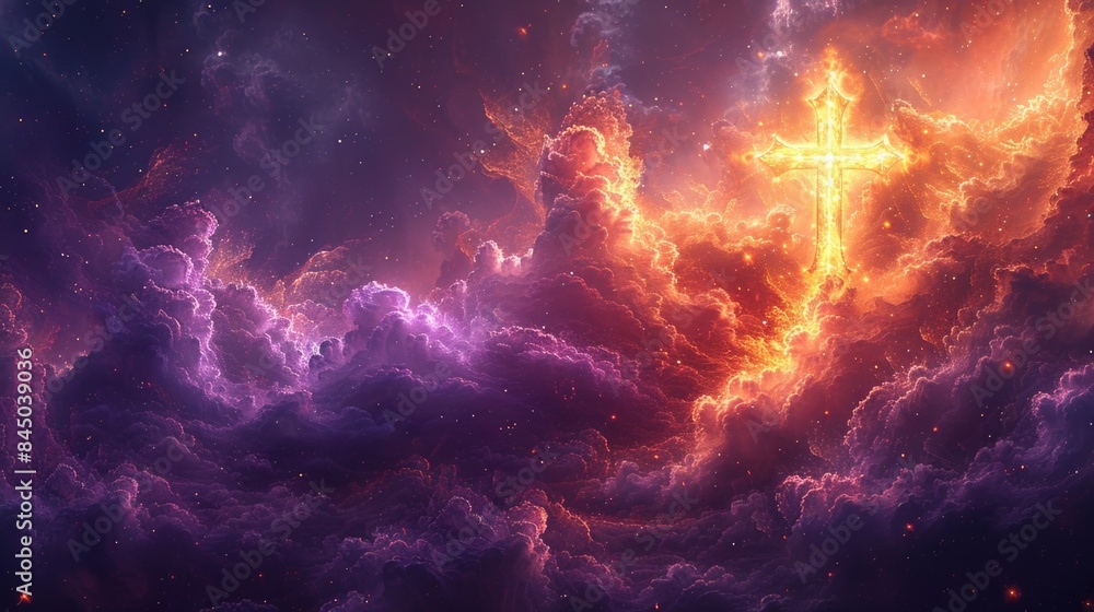 Naklejka premium prominent cross rises above the clouds in a dramatic sky.