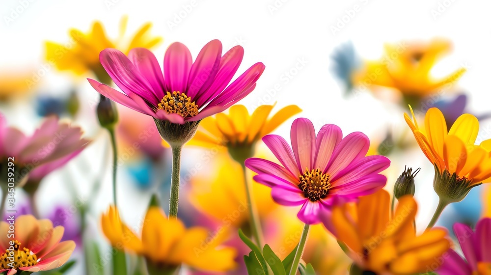 Bright pink and yellow flowers in bloom Bright pink and yellow flowers in bloom