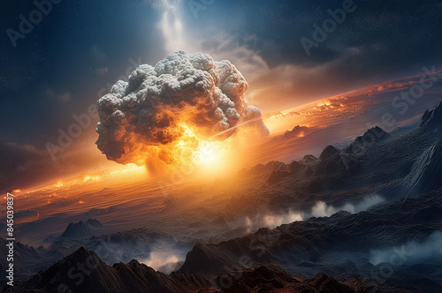 Cada de asteroide sobre un planeta. Evento de extinción masiva. ilustración hiperrealista plano inclinado. IA generativa. photo