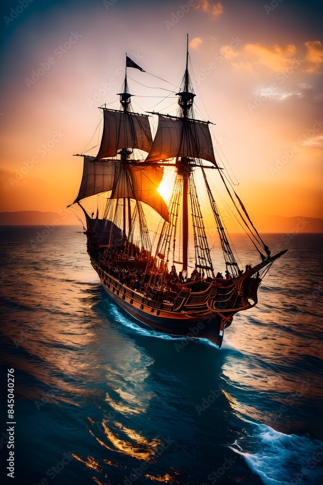 Obraz premium Ancient ship with raised sails at sunset, vertical orientation