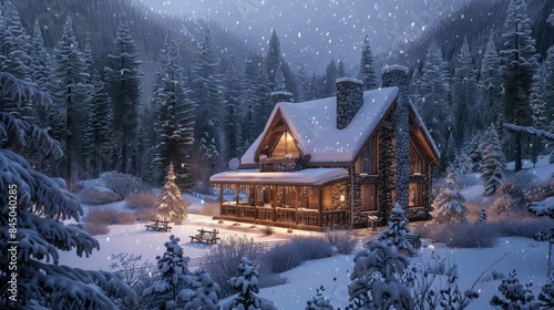 Cozy Mountain Cabin with Snowfall AI generated © Eko