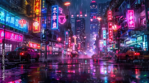 Vibrant Cityscape with Neon Signs AI generated