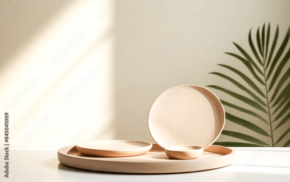 A white table with a wooden tray and three plates on it