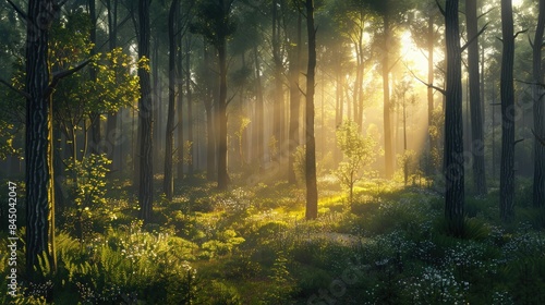 Serene Forest with Sunlight Filtering Through Trees AI generated