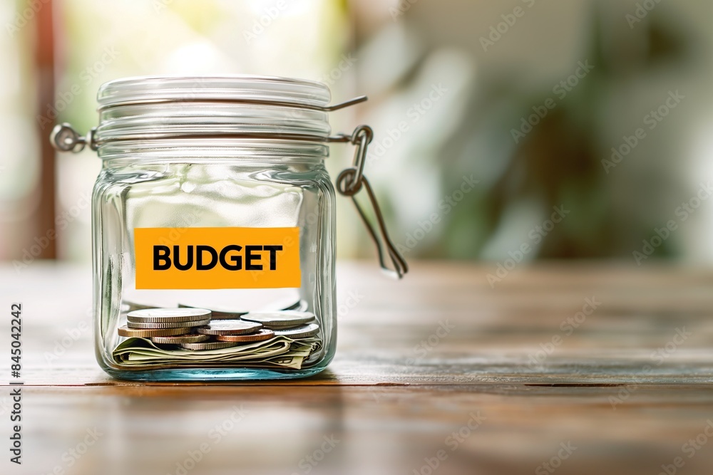 Glass jar with money. Concept about budget planning Glass jar with money. Concept about budget planning