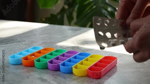 A weekly pillbox, for medication routine. A woman fills a weekly pillbox with medicines