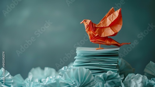 The origami bird, sculpted from a stack of paper, symbolizes the transformative power of creativity, revealing unforeseen possibilities from humble beginnings. photo