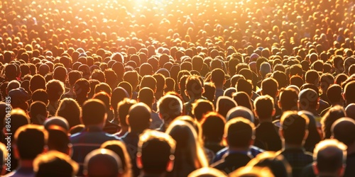 A photo of a large crowd of people gathered together outdoors during the daytime. The sun is shining brightly, and the people are all facing forward
