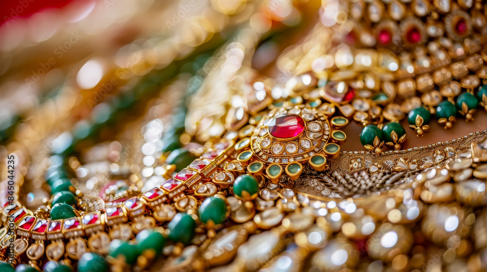 Close-up of an elaborate, traditional gold necklace with ruby and emerald gemstones, portraying intricate design and cultural richness Close-up of an elaborate, traditional gold necklace with ruby and emerald gemstones, portraying intricate design and cultural richness