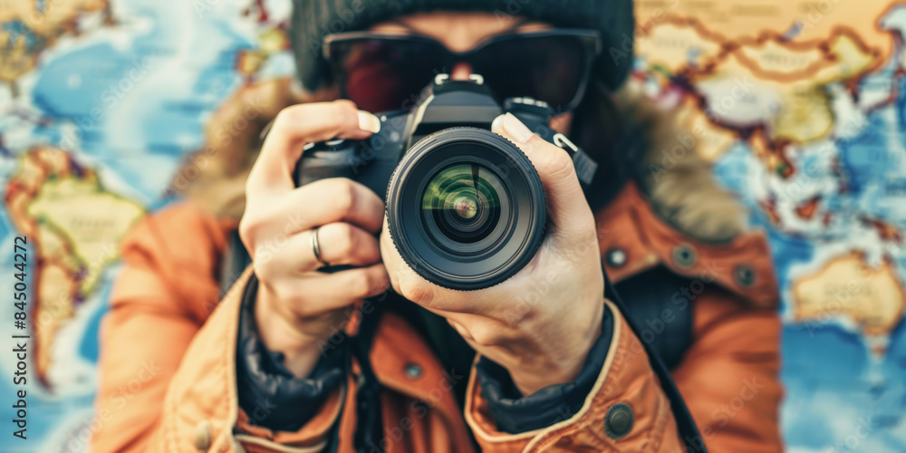A woman wearing sunglasses is holding a DSLR camera in front of her face while standing in front of a world map A woman wearing sunglasses is holding a DSLR camera in front of her face while standing in front of a world map