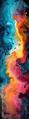 Abstract background of vibrant paint colors in teal, blue, orange, and pink, similar to pouring acrylic paint with swirls, bubbles, and cells. 