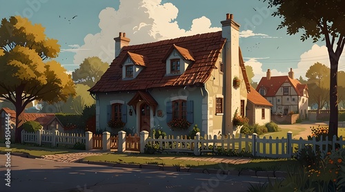 Illustration of a quaint village house in 2d form.generative.ai