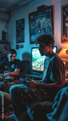 group of young men sitting together and fully immersed in playing video games on multiple screens. © Vitalii But