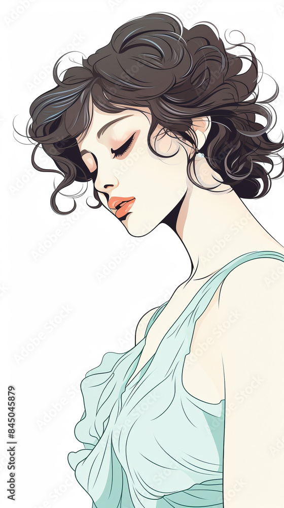 Elegant illustration of a young woman with curly hair and pale dress, eyes closed, evoking a peaceful and melancholic mood. Elegant illustration of a young woman with curly hair and pale dress, eyes closed, evoking a peaceful and melancholic mood.